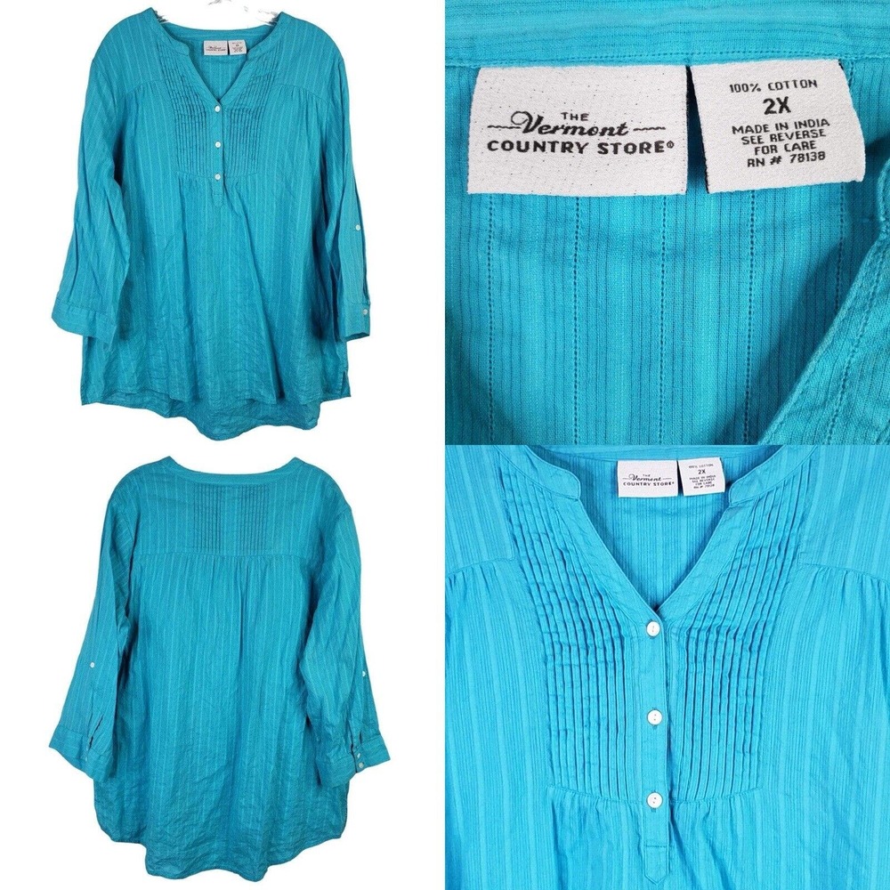 Vermont Country Store Plus Size 2X (XL) Teal Cottagecore Cotton Popover Blouse